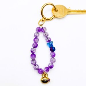 golden puppy & purple crystal beaded keychain