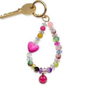 rainbow heart & smiley face beaded keychain